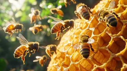 Honeycomb Haven A Bees Eye View Golden honeycomb blurry green background closeup bees in flight