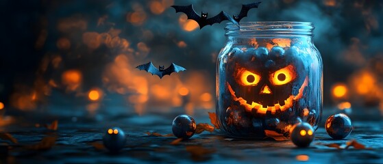 Spooky Halloween candy jar with glowing eyeballs and bats in a photography concept featuring a dark eerie and creepy atmosphere with copy space for text