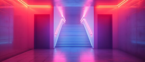 Poster - Haunting 80s sci fi inspired neon lit corridors and geometric architecture of a surreal  futuristic and captivating haunted house interior scene with a moody  atmospheric and digital art aesthetic