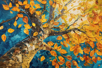 Wall Mural - Golden autumn leaves on a tree branch with a soft, blue background in a textured, impressionistic style.	