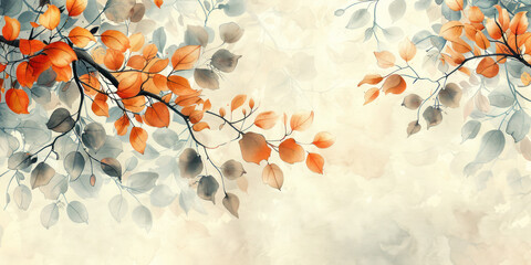 Sticker - Watercolor painting of orange and gray leaves on a light, textured background.	