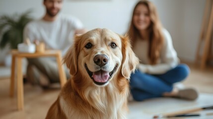 Wall Mural - Cute dog with brush in front of couple painting wall in their new home. copy space for text.