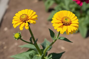 Wall Mural - Vibrant Yellow Zinnia Flower Stem Isolated on White Background