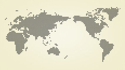 Poster - Asia centered world map made of black triangles on light yellow background. Pixelated triangular halftone world map.