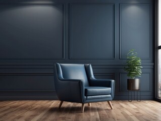 Wall Mural - Blue Armchair in a Modern Interior with Panelled Walls