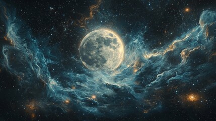 Cosmic night with the moon as the centerpiece, surrounded by swirling galaxies and distant stars