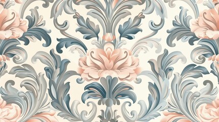  A sophisticated damask pattern in soft pastel colors, featuring intricate floral motifs and elegant scrolls