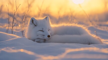 Wall Mural - Arctic Fox Napping in Golden Sunset