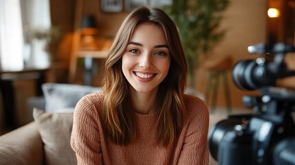 Head shot portrait smiling woman making video call to friends or relatives, using webcam, sitting on couch at home, happy young female blogger recording vlog. copy space.