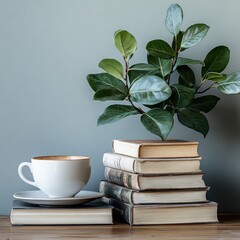 Wall Mural - Clean white desk setup with books, plant, and coffee, designed for copy space.  