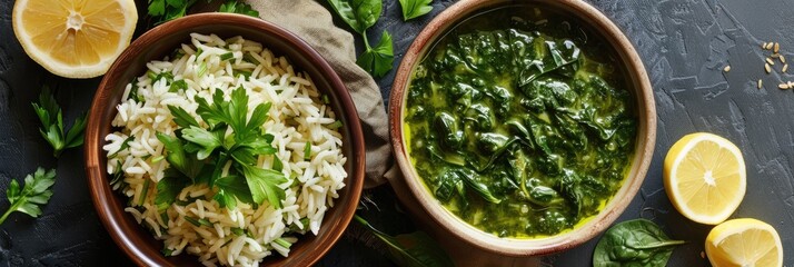 Wall Mural - Spinach rice dish and spinach soup, traditional Turkish recipes.