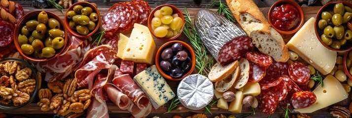 Wall Mural - Varied Charcuterie Board Featuring Cheese, Salami, Grapes, Nuts, Olives, Pimientos, Chorizo, and Semi-Cured Cheese in a Spanish Style