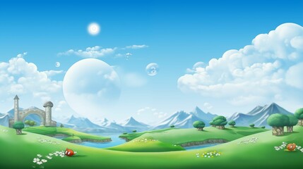 games world map with multiple islands, waterfalls, and rivers, a bright blue sky, green grassy field