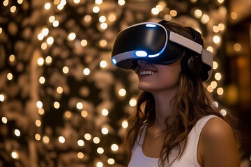 Poster - Woman Wearing VR Headset Amidst a Sea of Golden Lights Exploring the Boundaries Between Reality and Virtual Worlds in a Magical High Tech Environment