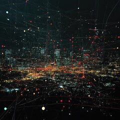 Network coverage in telecommunication, visualizing expansive reach across urban and rural areas, with signal distribution.