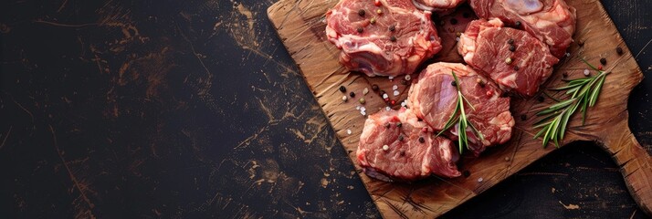 Poster - Organic Raw Beef or Lamb on a Wooden Cutting Board from Above with Blank Space for Text