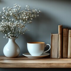 Wall Mural - White desk with a mockup setup including books, plant, and coffee, featuring copy space. 