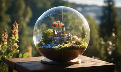 A miniature house and small trees sit inside a glass sphere on a wooden table, bathed in the warm light of the afternoon sun