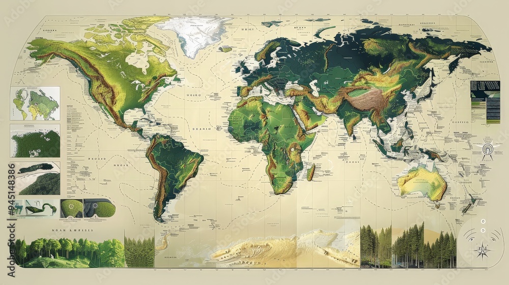A world map showcasing various ecosystems and biomes. The map highlights different natural environments such as rainforests, deserts