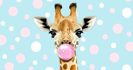 Sticker - Adorable kawaii giraffe blows bubble gum under a sunny sky, with pastel polka dots making this Tshirt design pop