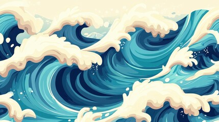 Poster - Explore a retroinspired seamless pattern featuring handdrawn waves and ocean foam for a lively decorative touch.