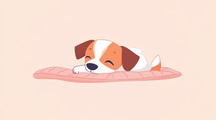 Poster - A cute brown and white puppy relaxes on a cozy blanket in a charming modern cartoon style illustration.