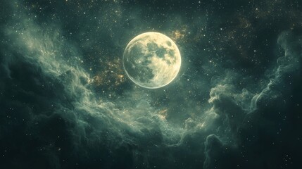 mystical celestial scene, the moon floating in a sea of stars, ethereal light casting soft shadows