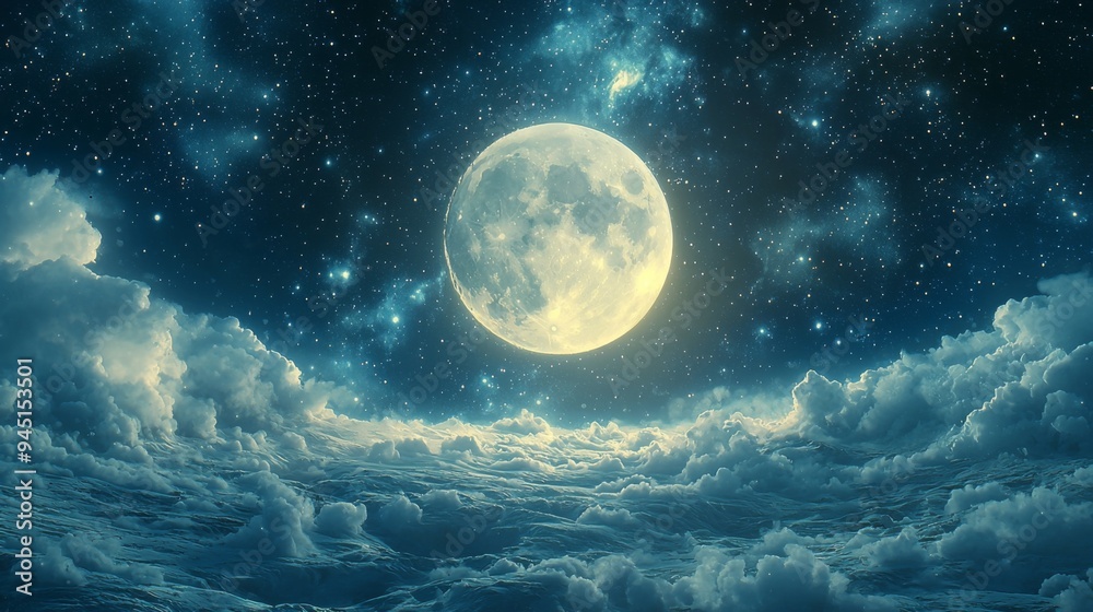 Mystical celestial scene, the moon floating in a sea of stars, ethereal ...