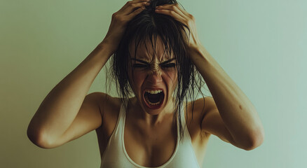 Sticker - a woman in a white tank top, holding her head with both hands and screaming in pain against a plain background.