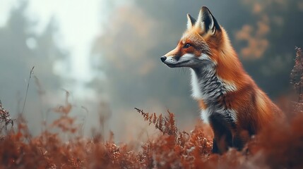 Poster - A Red Fox Sitting in a Foggy Forest