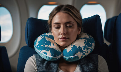 A woman wearing a travel pillow naps on an airplane