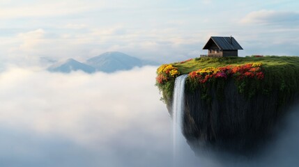 A floating island in the sky, with a waterfall cascading off the edge and turning into clouds as it falls