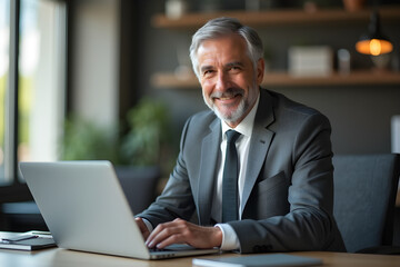 Business professional working on laptop in office lobby