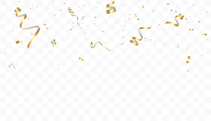 Golden confetti on transparent background. Falling shiny golden confetti. Bright golden festive tinsel. Festive design elements for web banner, poster, flyer, invitation.