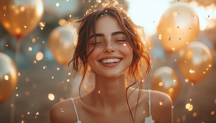 A beautiful woman is smiling and laughing with golden confetti and balloons.