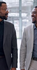 Poster - Business people, walking and black men with conversation, teamwork and planning for project. Cooperation, employees and coworkers in modern office, discussion and talking with schedule and proposal