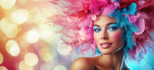 Poster - Beautiful woman in a pink and blue costume with large, voluminous hair, set against a colorful