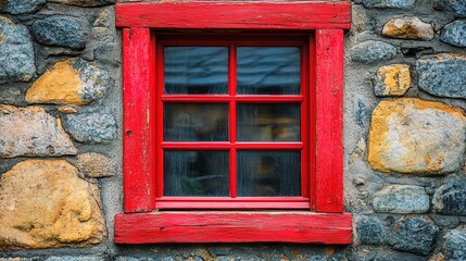 Wall Mural - Square Window with Bold Red Frame: A Minimalist Architectural Design Element Featuring a Clean, Simple, and Modern Red-Accented Square Window