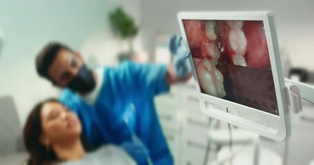 Poster - Dental, computer screen and mouth for checkup in clinic with intraoral camera, diagnosis and oral treatment. Dentist, patient and digital for teeth assessment, medical process and braces procedure