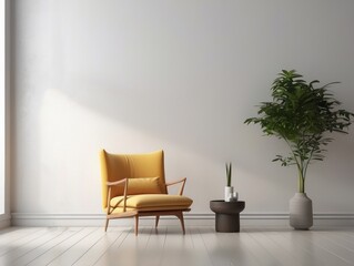 Wall Mural - Yellow Armchair with Plant and Side Table in Minimalist White Room