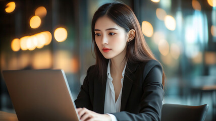 Poster - Professional woman working on a laptop in a modern office environment during late afternoon hours, focused on her tasks and goals