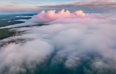 Rainbow clouds and mist rose over the water，drone perspective