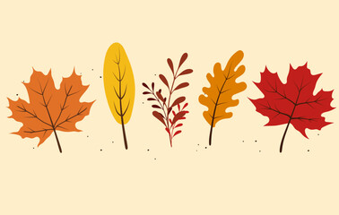 Vector illustrations of autumn cartoon leaf objects: Design elements for Thanksgiving Day, autumnal season, event