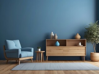 Wall Mural - Minimalist Living Room with Blue Armchair and Wooden Cabinet