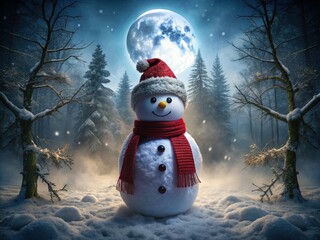 Low-key dramatic portrait of a snowman icon wearing a Santa hat and scarf in a snowy forest with misty fog and frosty branches under moonlight