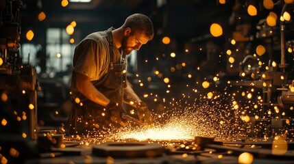 Poster - A man is working in a factory with sparks flying around him