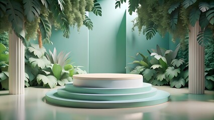 3d render abstract platform podium on forest with trees and leaf. Realistic mock-up for products promotion. Abstract modern minimal background with empty podium