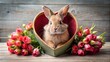 © Wanlop - photo image of a cuddly rabbit in a heart-shaped carrier holding a bouquet of Valentine's Day flowers