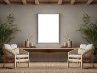 Wall Mural - Two Wicker Chairs and a Blank Canvas in a Minimalist Living Room