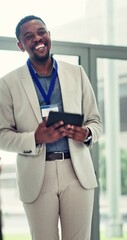 Poster - Presentation, celebration and man with tablet, corporate training and communication with digital app. Employee, presenter or speaker with tech, seminar and ideas for company development and project